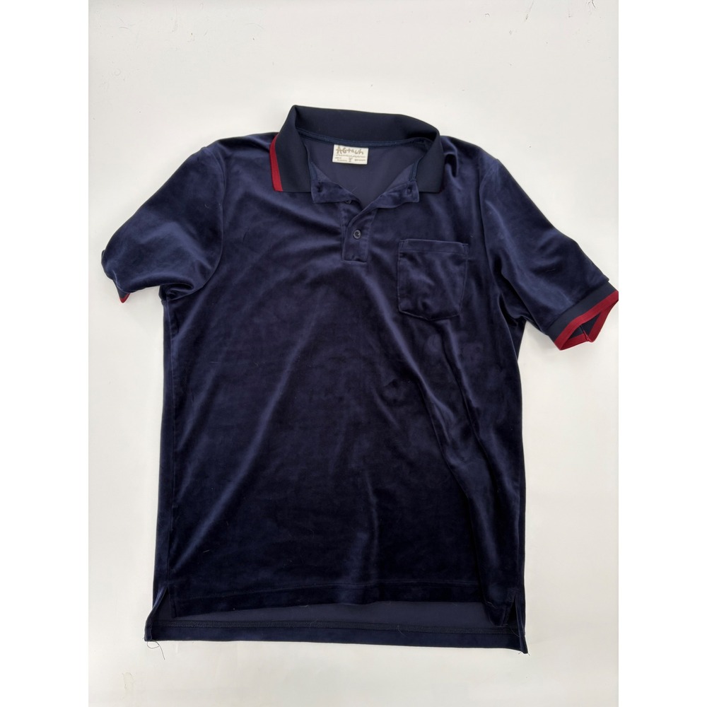 AGtawh Mens Velour Polo Shirt Navy Blue Red Trim Short Sleeve Pocket Size S